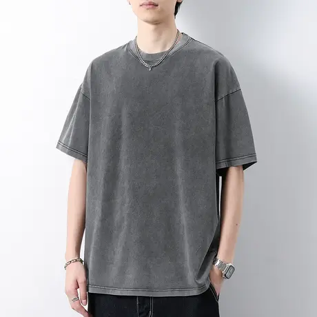 285g重磅纯棉短袖t恤男夏季纯色落肩五分袖美式潮流宽松全棉半袖商品大图