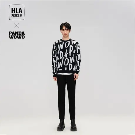 HLA/海澜之家panda wowo熊猫长袖针织衫23秋新字母圆领宽松上衣男图片
