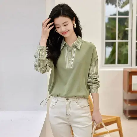 时尚气质条纹拼接卫衣2023年春季新款淑女温柔宽松显瘦通勤上衣商品大图