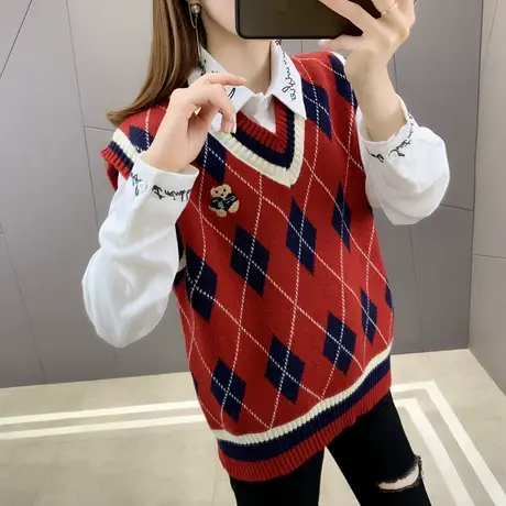 菱形小熊无袖马甲背心女2023年春季新款韩版宽松外穿针织衫上衣潮商品大图