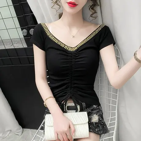 时尚抽绳V领T恤女短袖夏装2023新款性感一字肩上衣洋气高腰小衫潮商品大图