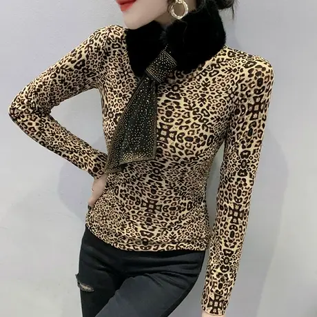 加绒加厚打底衫女秋冬洋气设计感毛领围脖上衣气质修身T恤长袖潮商品大图