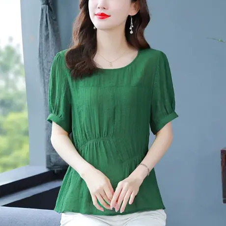 2023夏季新款别致宽松显瘦棉麻衬衣洋气褶皱短袖女上衣浪漫小衫女商品大图