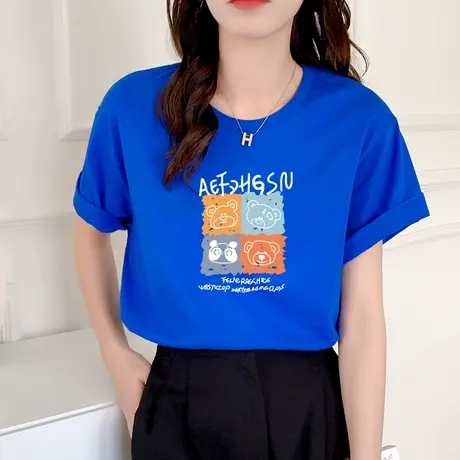 克莱因蓝短袖t恤女2023年夏季新款美式复古宽松显瘦半袖纯棉上衣商品大图