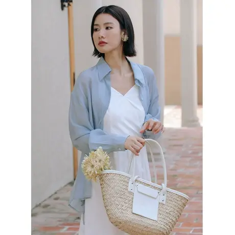 弥古蓝色长袖衬衫外搭开衫设计感后背绑带天丝衬衣女秋季薄款外套商品大图