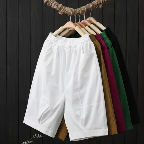2023夏季款休闲纯棉五分裤女宽松大码直筒高腰六分阔腿裤哈伦中裤商品大图