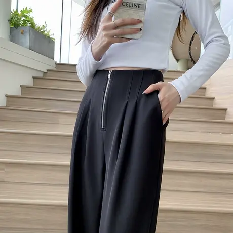 黑色西装阔腿裤女2023年春秋新款高腰垂感直筒宽松显瘦休闲拖地裤商品大图