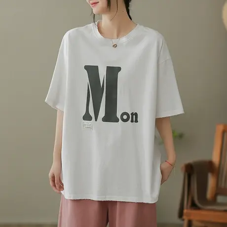dza文艺复古字母全棉T恤女2023春夏宽松圆领短袖体恤显瘦打底上衣商品大图