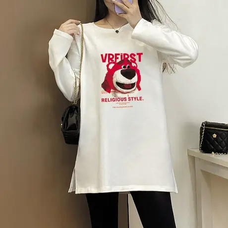 纯棉磨毛长袖t恤女中长款大码韩版宽松休闲加厚上衣打底衫秋冬季商品大图