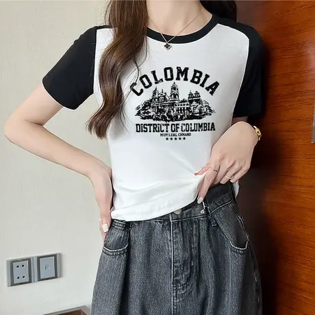 高级感美式复古印花短款上衣2023新款夏季插肩袖短袖t恤女打底衫商品大图