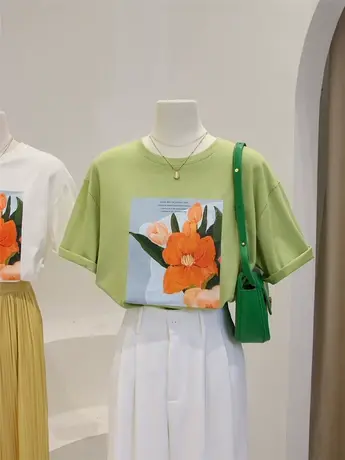 复古油画风短袖T恤女夏季2022新款宽松百搭学院风休闲上衣ins潮商品大图