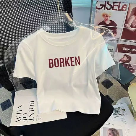 白色t恤女短袖宽松设计感小众潮贴身妖娆体恤内搭短款上衣打底衫商品大图