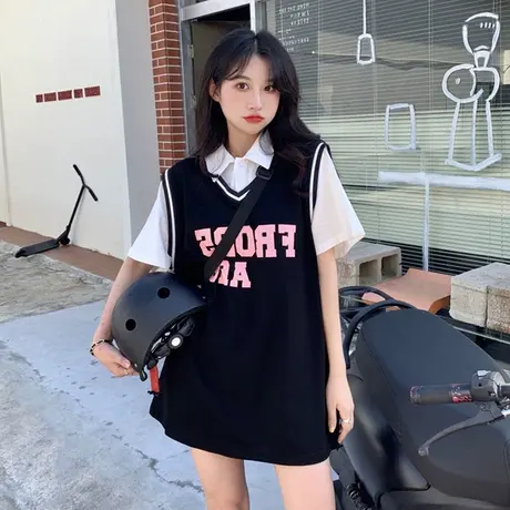 篮球服短袖t恤女纯棉假两件小众设计感夏季宽松中长款polo领上衣图片