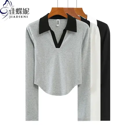 秋冬新款韩版polo领修身短款纯欲纯棉下摆圆弧纯色长袖体恤上衣女图片