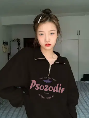 polo领美式复古卫衣女春秋薄款慵懒风宽松小个子套头上衣oversize商品大图