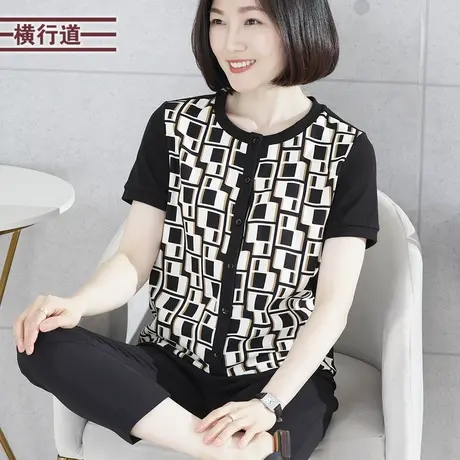 圆领印花雪纺开衫短袖女装2023新款夏装大码宽松休闲拼接外穿上衣商品大图