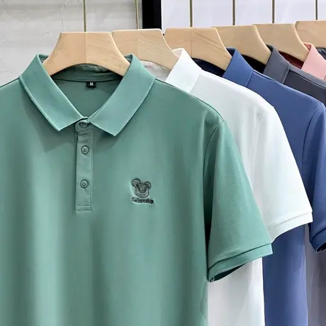 刺绣短袖Polo衫男潮牌ins简约复古翻领T恤男士休闲上衣英伦保罗衫商品大图