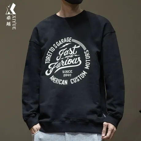 希越380g重磅纯棉休闲卫衣男秋季字母印花宽松大码无帽头套打底衫商品大图