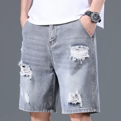 休闲破洞中裤子男士夏季薄款五分小短裤男款牛仔马裤潮牌痞帅夏装商品大图