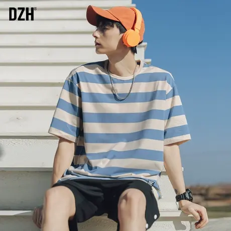 男士纯棉条纹t恤男短袖潮牌男款上衣男装2023新款衣服夏季体恤潮商品大图