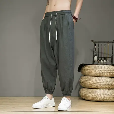 冰丝休闲男裤新中式男装中国风哈伦裤薄款萝卜裤哈伦裤阔腿灯笼裤商品大图