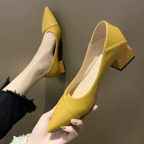 女鞋2021新款秋鞋百搭尖头黑色职业单鞋网红两穿高跟鞋女粗跟瓢鞋商品大图