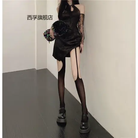 不对称吊带黑丝袜子女性感破洞镂空渔网袜夏季薄款纯欲白丝连裤袜商品大图