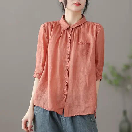 dza 复古薄款短袖亚麻上衣女士衬衫夏季新款漂亮气质短款棉麻衬衣图片