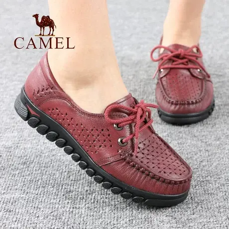 Camel/骆驼女鞋夏季真牛皮网孔透气系带平底舒适休闲中年妈妈鞋子图片