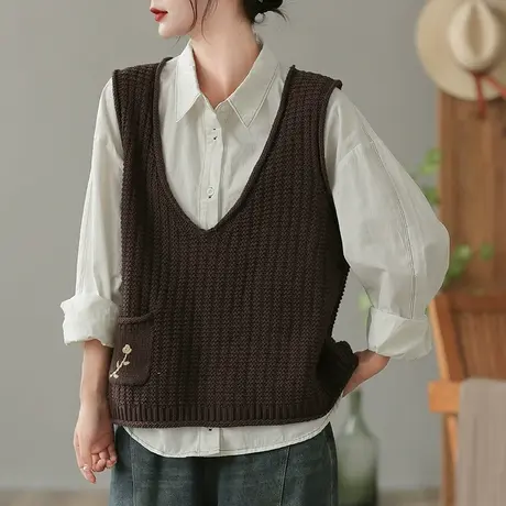 dza 复古宽松V领针织马甲女士春秋外搭马甲休闲宽松显瘦毛衣背心商品大图