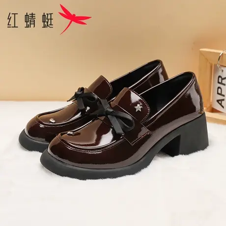 红蜻蜓女鞋春季英伦风粗跟乐福鞋法式高跟女单鞋时尚蝴蝶结小皮鞋图片