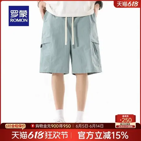 罗蒙男士宽松直筒休闲五分裤2025夏季新款时尚工装松紧腰抽绳短裤商品大图