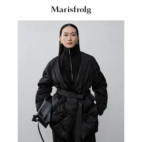 【商场同款】玛丝菲尔2023年冬季新款黑色针织V领中长款羽绒服女商品大图