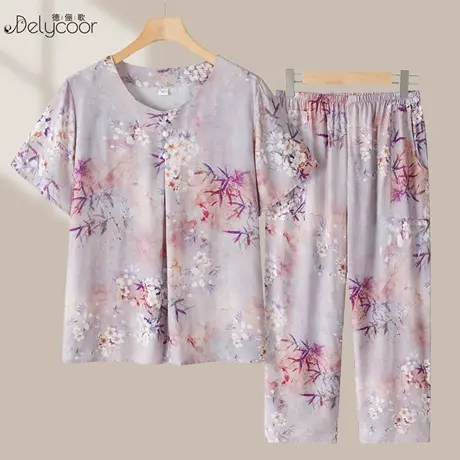 妈妈夏装短袖套装女中老年人薄款洋气奶奶装圆领两件套家居服T恤图片