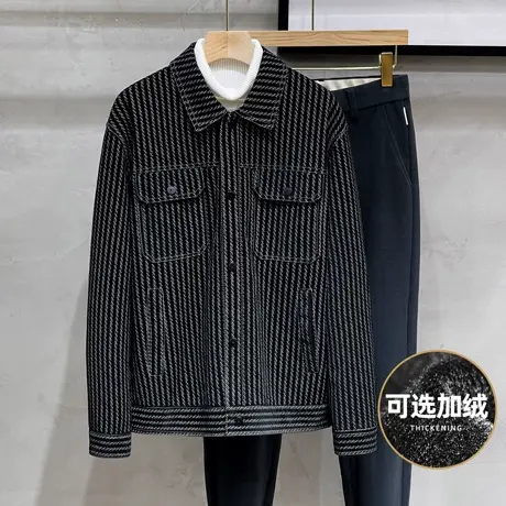 秋冬季新款男士外套潮牌翻领条纹加绒皮衣加厚保暖休闲皮夹克男款图片