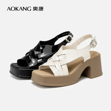 奥康女鞋 夏季新款法式编织鱼嘴时装凉鞋粗高跟增高小个子鞋图片