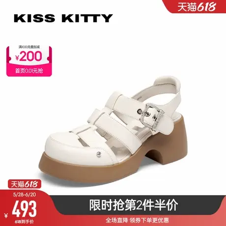 KISSKITTY春夏新款厚底包头罗马鞋增高休闲镂空粗跟复古猪笼凉鞋商品大图