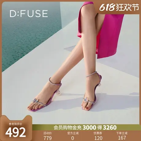 DFuse迪芙斯夏款方头蝴蝶结仙女水晶跟高跟凉鞋女图片