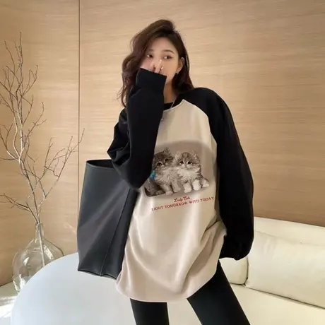 美式复古圆领卫衣女2023秋冬新款休闲ins大码加绒插肩袖上衣外套商品大图