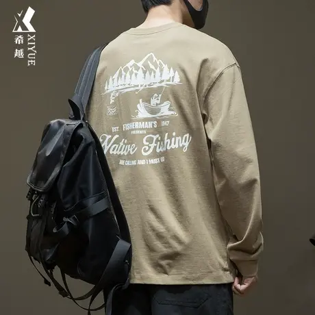 希越260g重磅精梳棉长袖T恤男秋宽松大码潮牌后背印花内搭打底衫商品大图