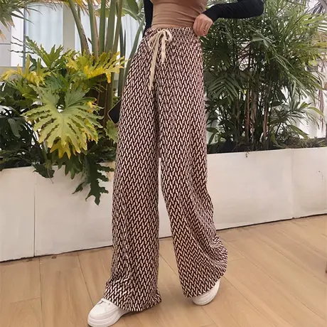 冰丝阔腿裤女夏季薄款高腰垂感2023新款休闲小个子棋盘格子直筒裤商品大图