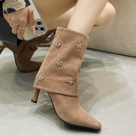 马丁靴女款2023年新款早秋细跟高跟鞋裤管靴尖头百搭小众复古短靴商品大图