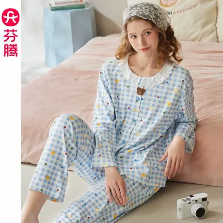 芬腾纯棉睡衣女春秋季长袖抗静电女款卡通可爱休闲全棉家居服套装商品大图