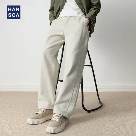 hansca  290g重磅杏色休闲裤男2025新款宽松直筒时尚拼接百搭长裤商品大图