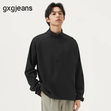 gxg.jeans男装 黑色胸前绣花简约立领半开襟长袖T恤男 25年春新品商品大图