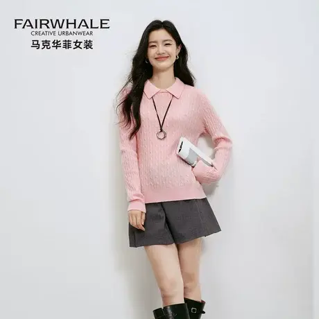 马克华菲复古翻领长袖针织衫女100%纯羊毛高级感宽松气质百搭毛衣商品大图