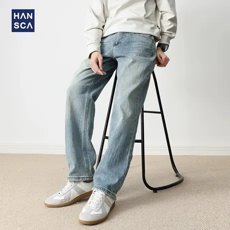 hansca复古美式浅蓝色阔腿牛仔裤男宽松直筒2025新款秋季休闲长裤商品大图