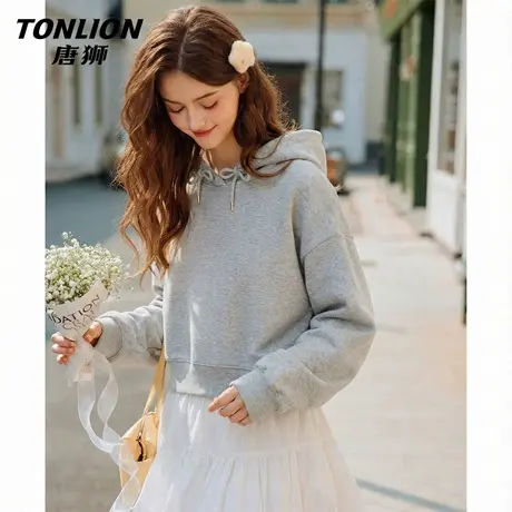 唐狮官方短款卫衣女2026新款春季美式宽松帽衫套头外套连帽上衣VC图片