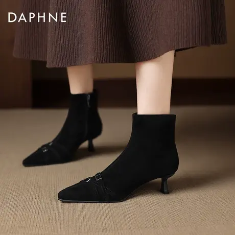 达芙妮法式细跟短靴女2026新款冬季加绒黑色高跟瘦瘦靴马丁靴踝靴商品大图