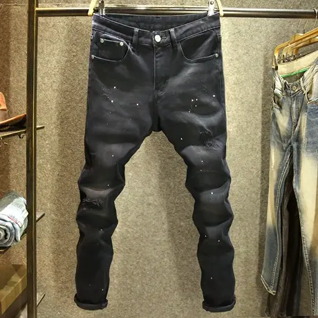 潮牌痞帅破洞牛仔裤男款修身小脚裤黑色潮流泼墨时尚显瘦小黑裤厚商品大图